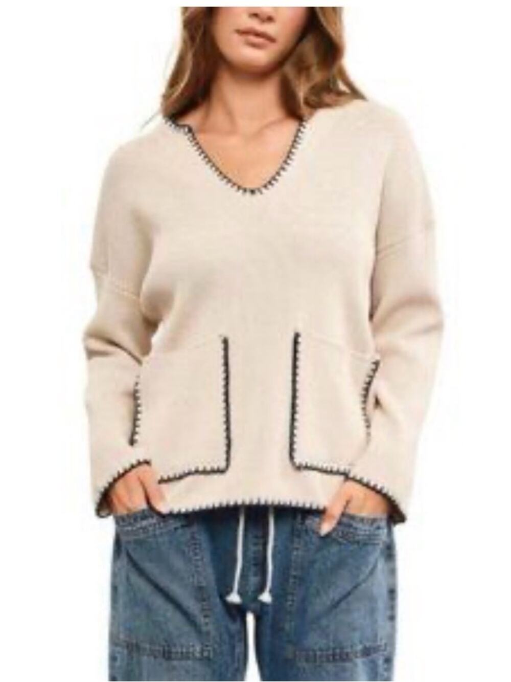 Christian Lacroix Women’s Tan V-Neck Sweater w/Black Stitching Details, M